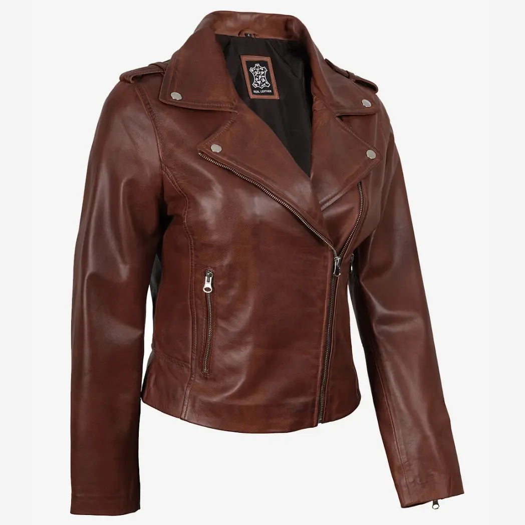 Sowachi Women's Distressed Asymmetrical Cognac Biker Style Leather Jacket