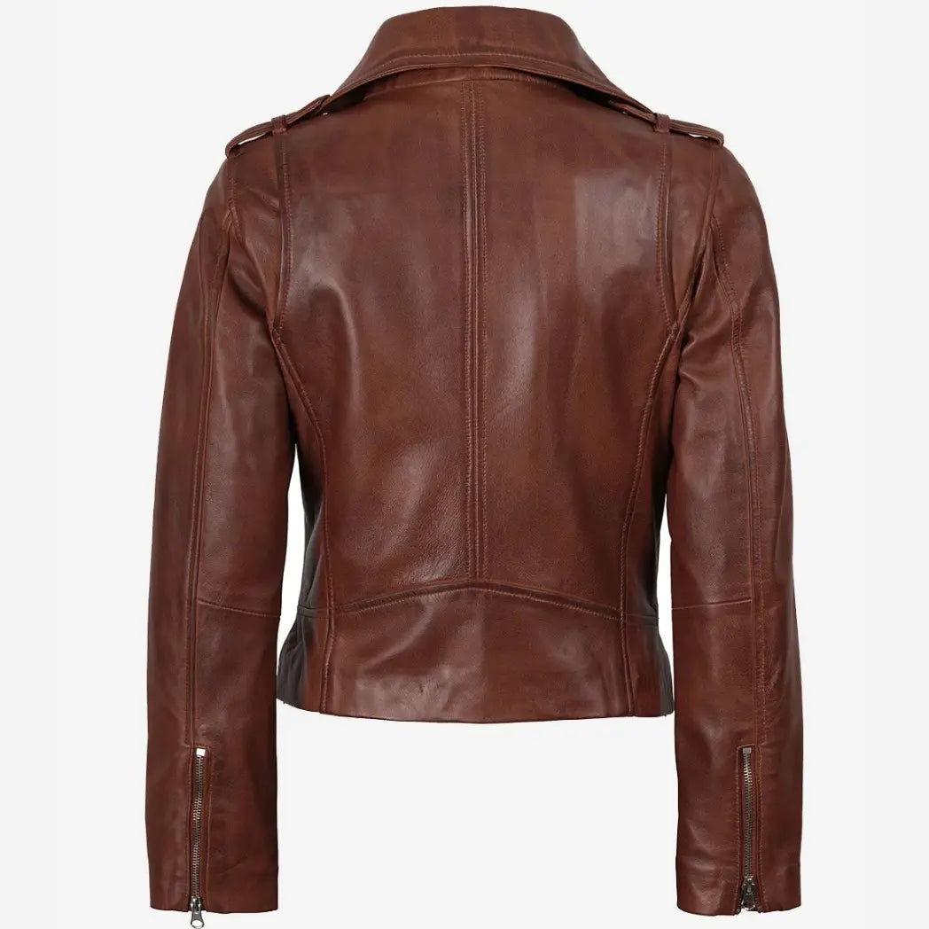 Sowachi Women's Distressed Asymmetrical Cognac Biker Style Leather Jacket
