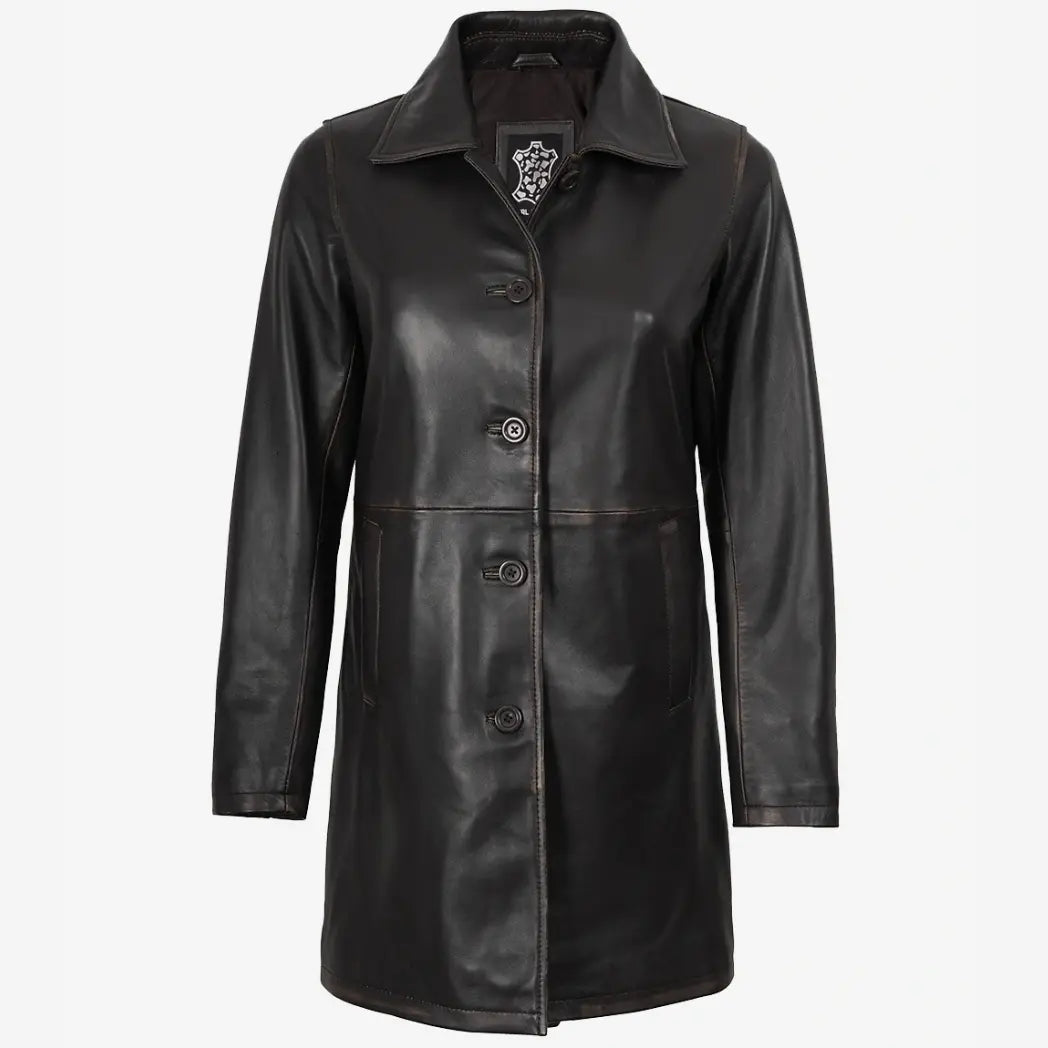 Sowachi Women's Distressed Brown 3/4 Length Lambskin Leather Coat
