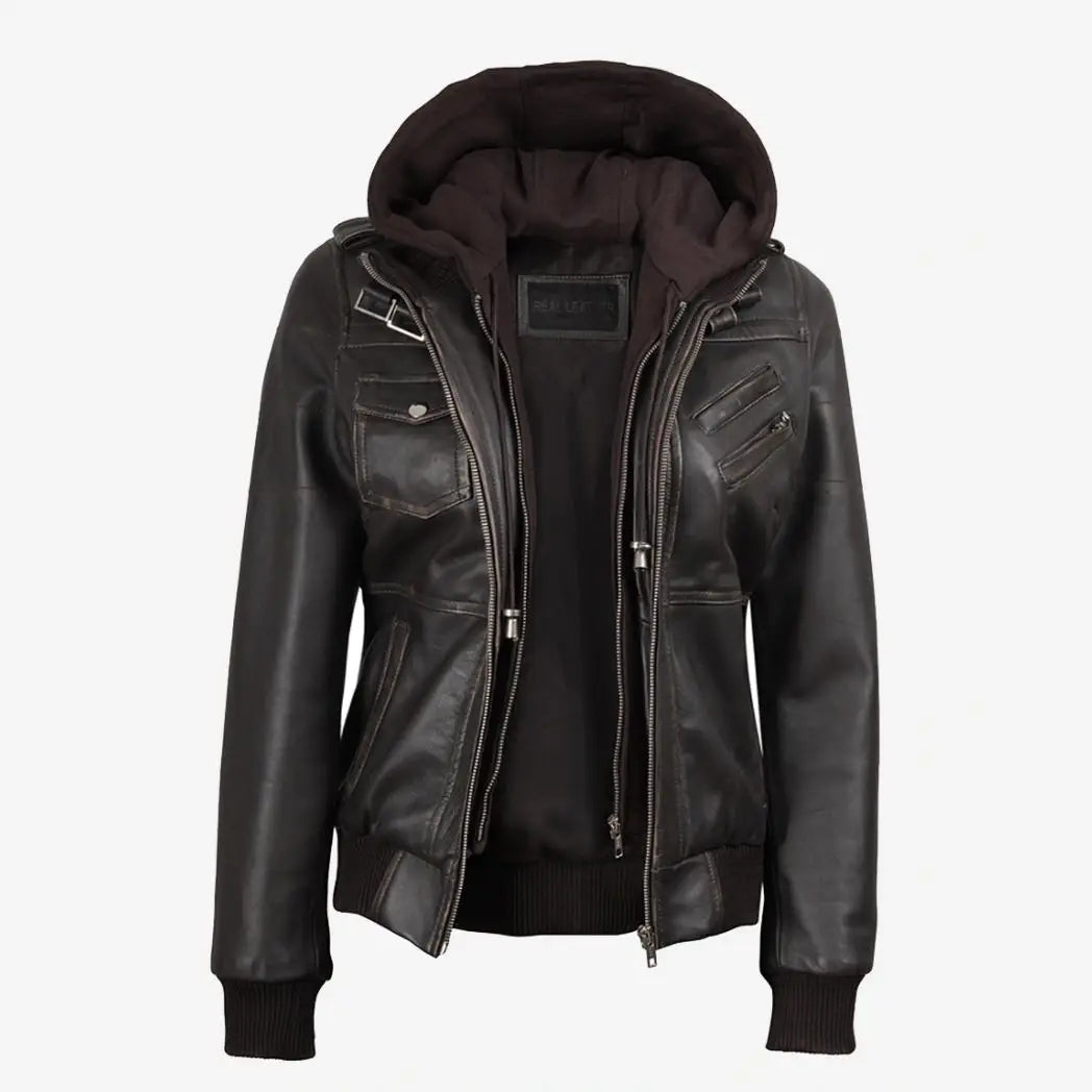 Sowachi Women's Distressed Brown Bomber Leather Jacket with Removable Hooded