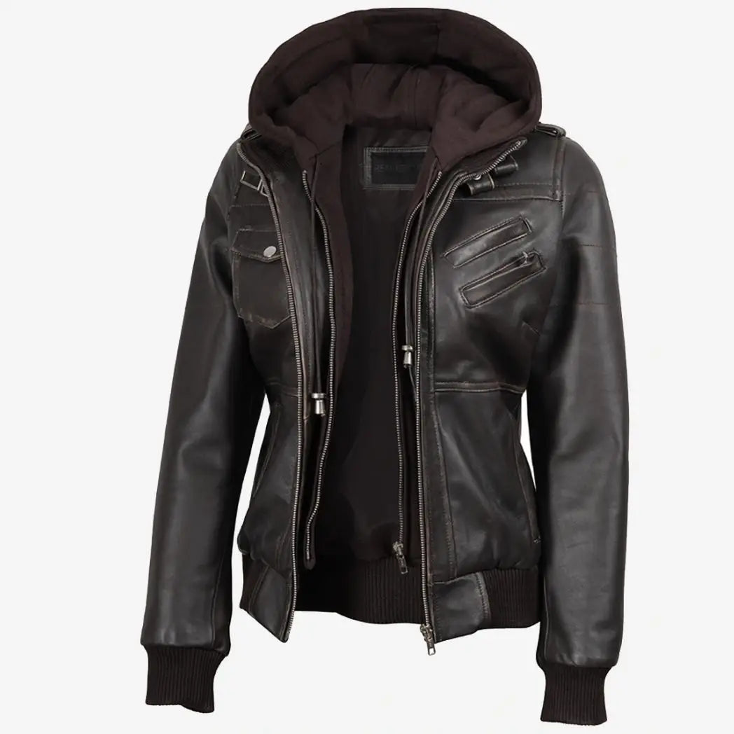 Sowachi Women's Distressed Brown Bomber Leather Jacket with Removable Hooded