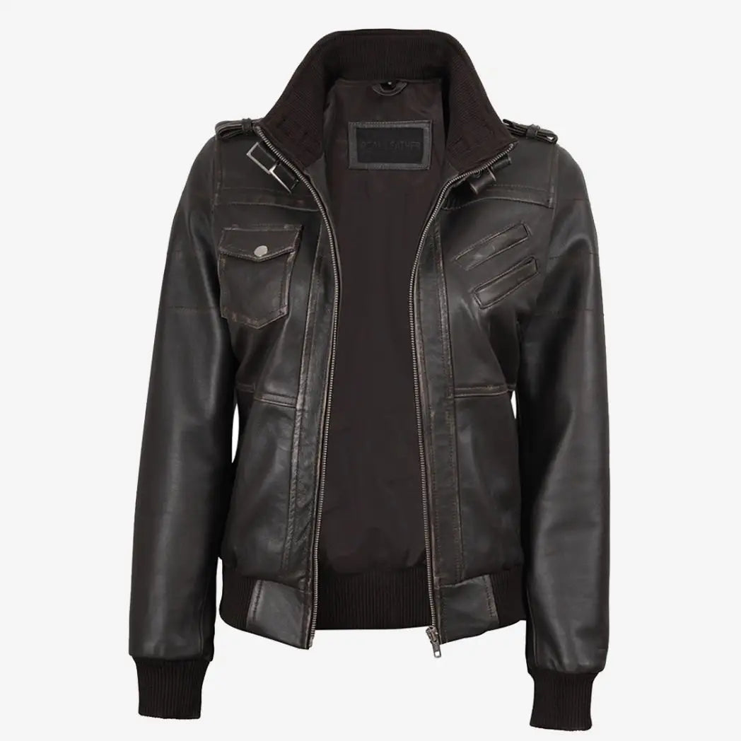Sowachi Women's Distressed Brown Bomber Leather Jacket with Removable Hooded