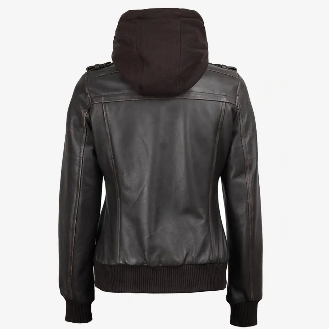 Sowachi Women's Distressed Brown Bomber Leather Jacket with Removable Hooded