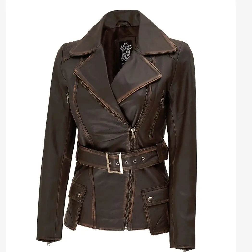Sowachi Women's Distressed Brown Long Biker Style Real Leather Jacket