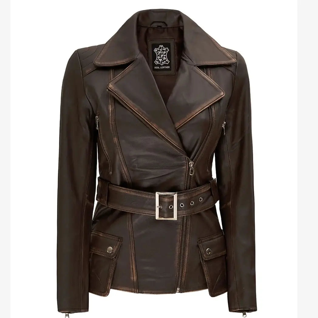 Sowachi Women's Distressed Brown Long Biker Style Real Leather Jacket