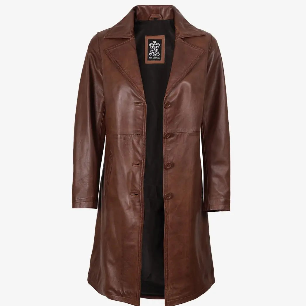 Sowachi Women's Mid Length Cognac Waxed Real Lambskin Leather Coat