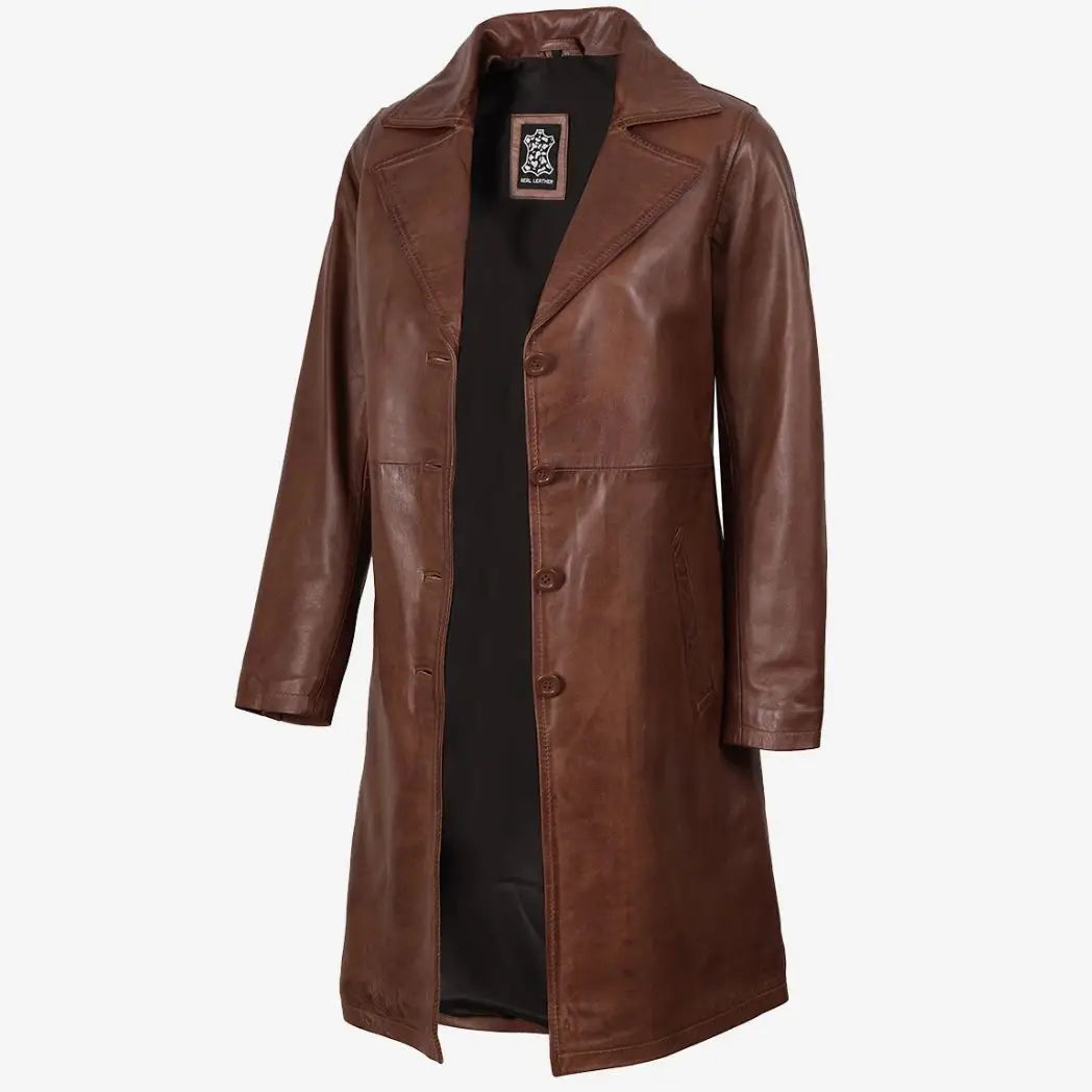 Sowachi Women's Mid Length Cognac Waxed Real Lambskin Leather Coat