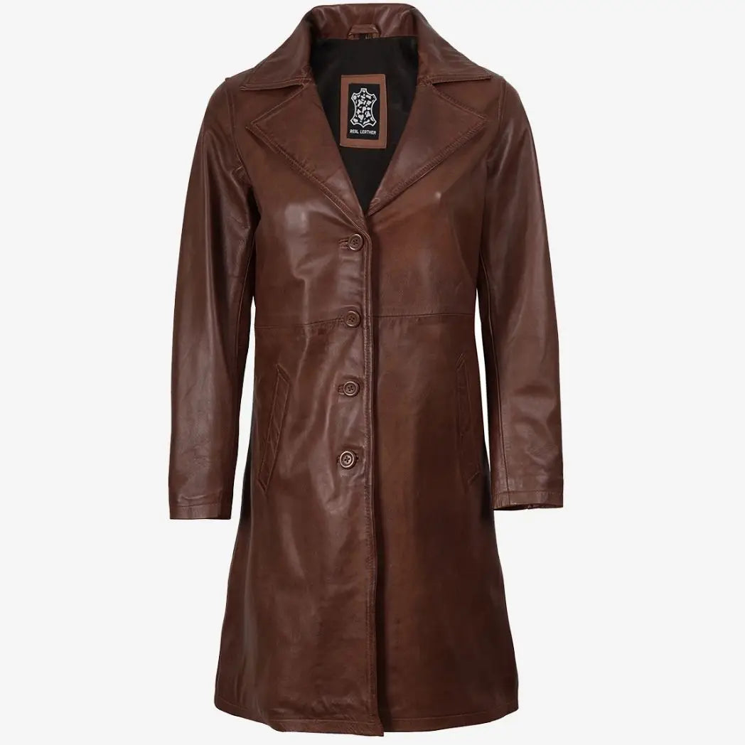 Sowachi Women's Mid Length Cognac Waxed Real Lambskin Leather Coat