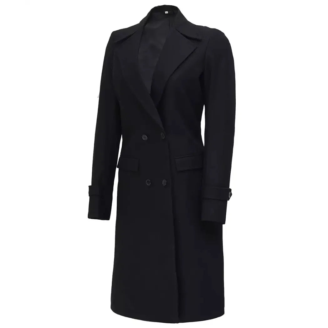 Sowachi Women’s Double-Breasted Black Wool Coat
