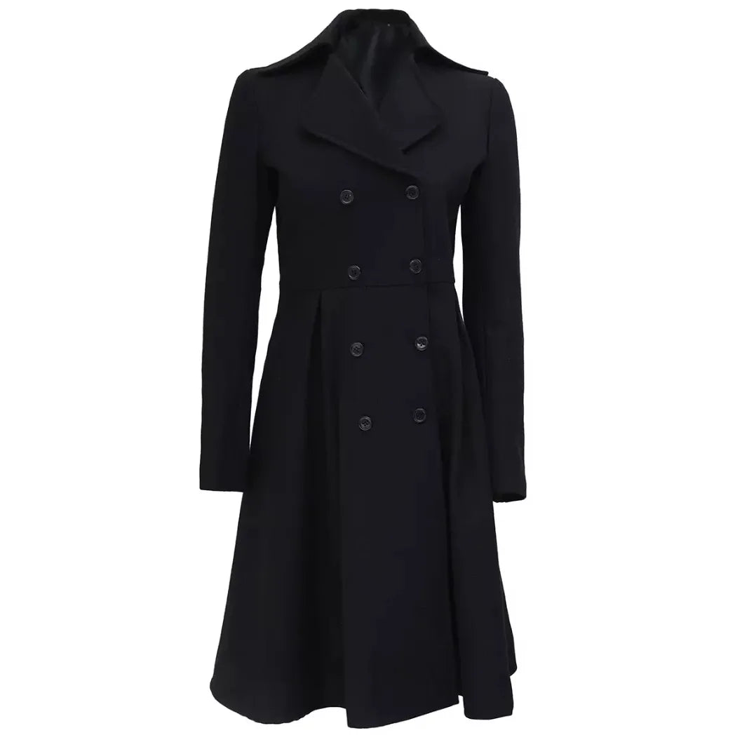 Sowachi Women's Double Breasted Black Wool Trench Coat