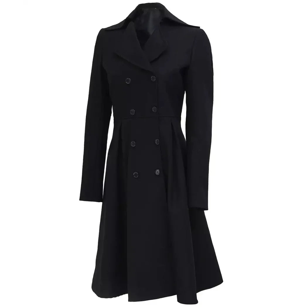 Sowachi Women's Double Breasted Black Wool Trench Coat
