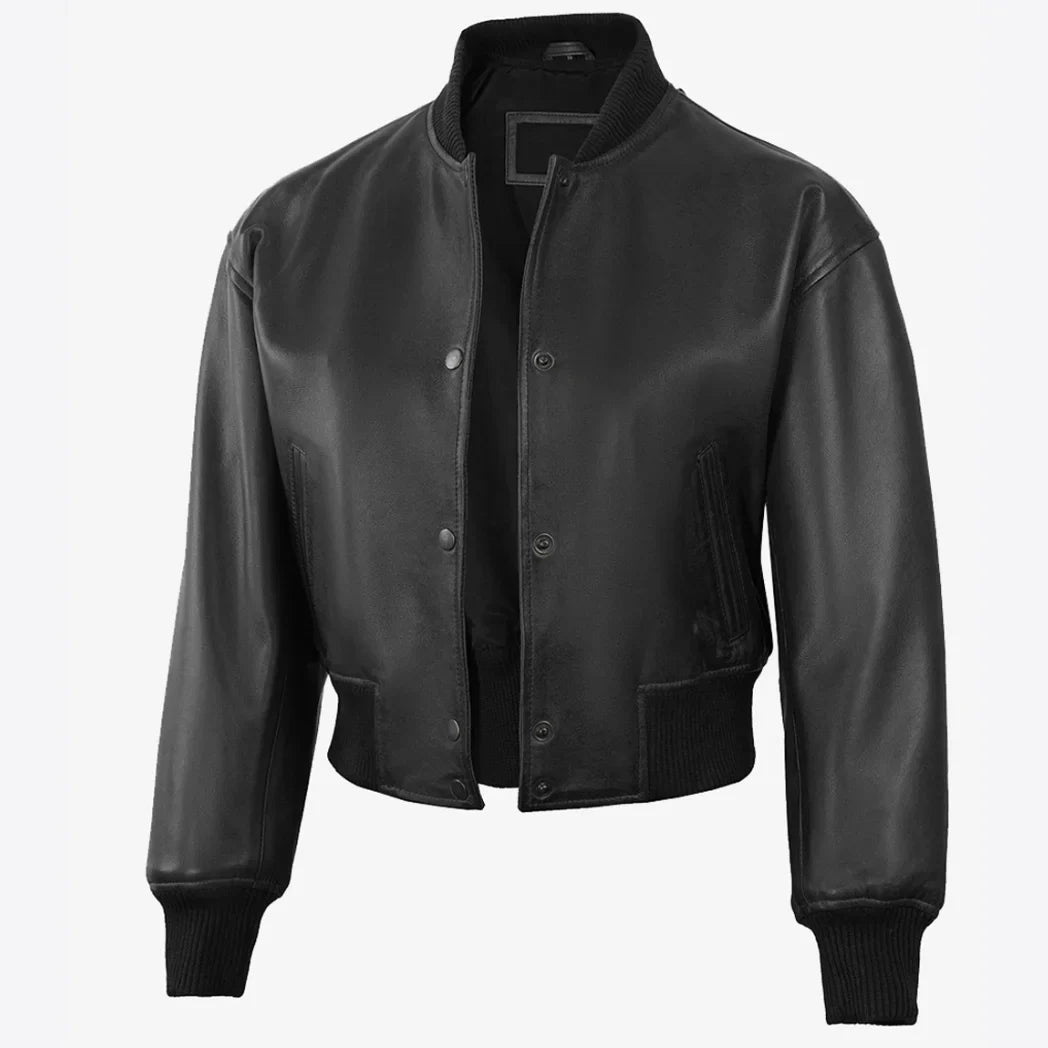 Sowachi Women's Drop Shoulder Black Cropped Style Bomber Leather Jacket