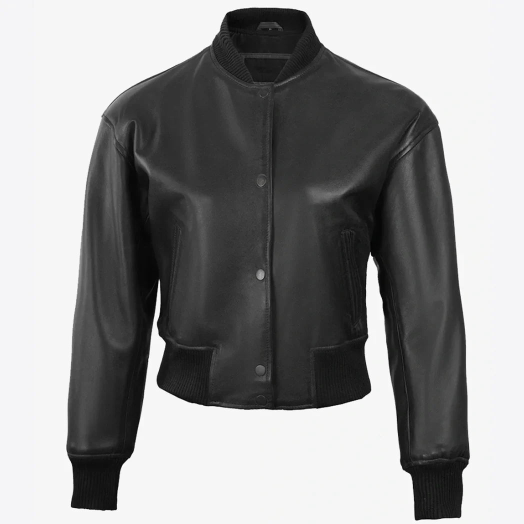 Sowachi Women's Drop Shoulder Black Cropped Style Bomber Leather Jacket