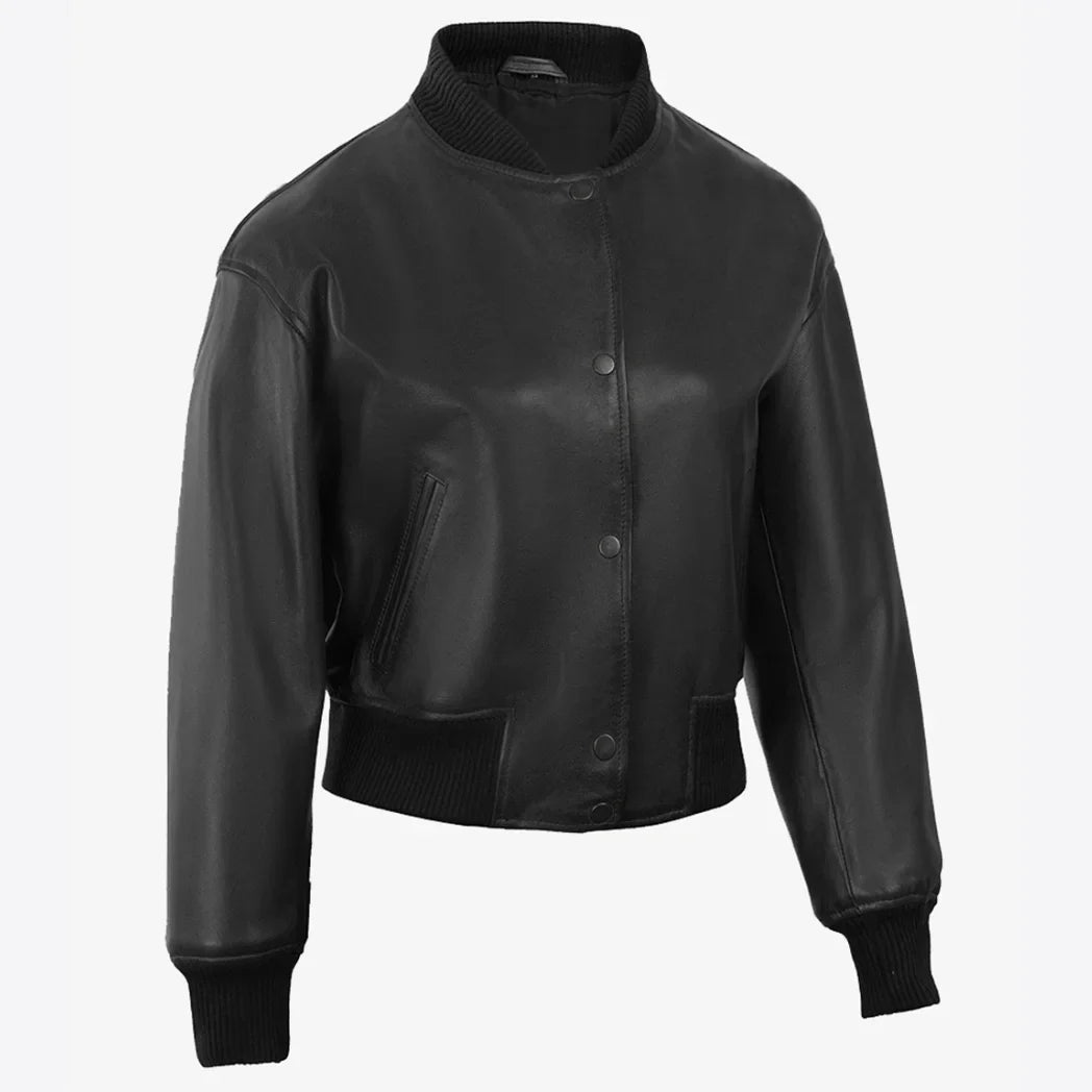 Sowachi Women's Drop Shoulder Black Cropped Style Bomber Leather Jacket