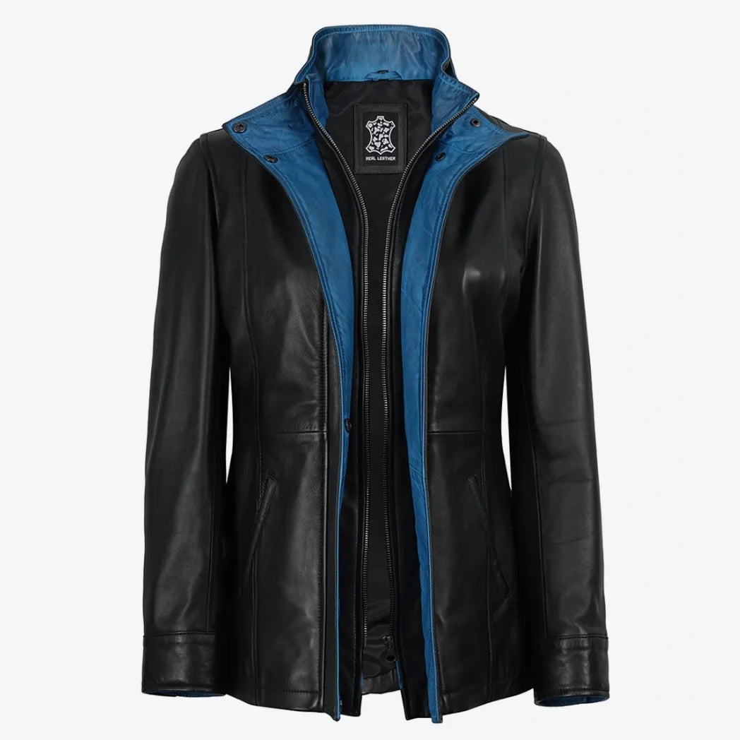 Sowachi Women's High-Collar Black Leather Jacket With Blue Details