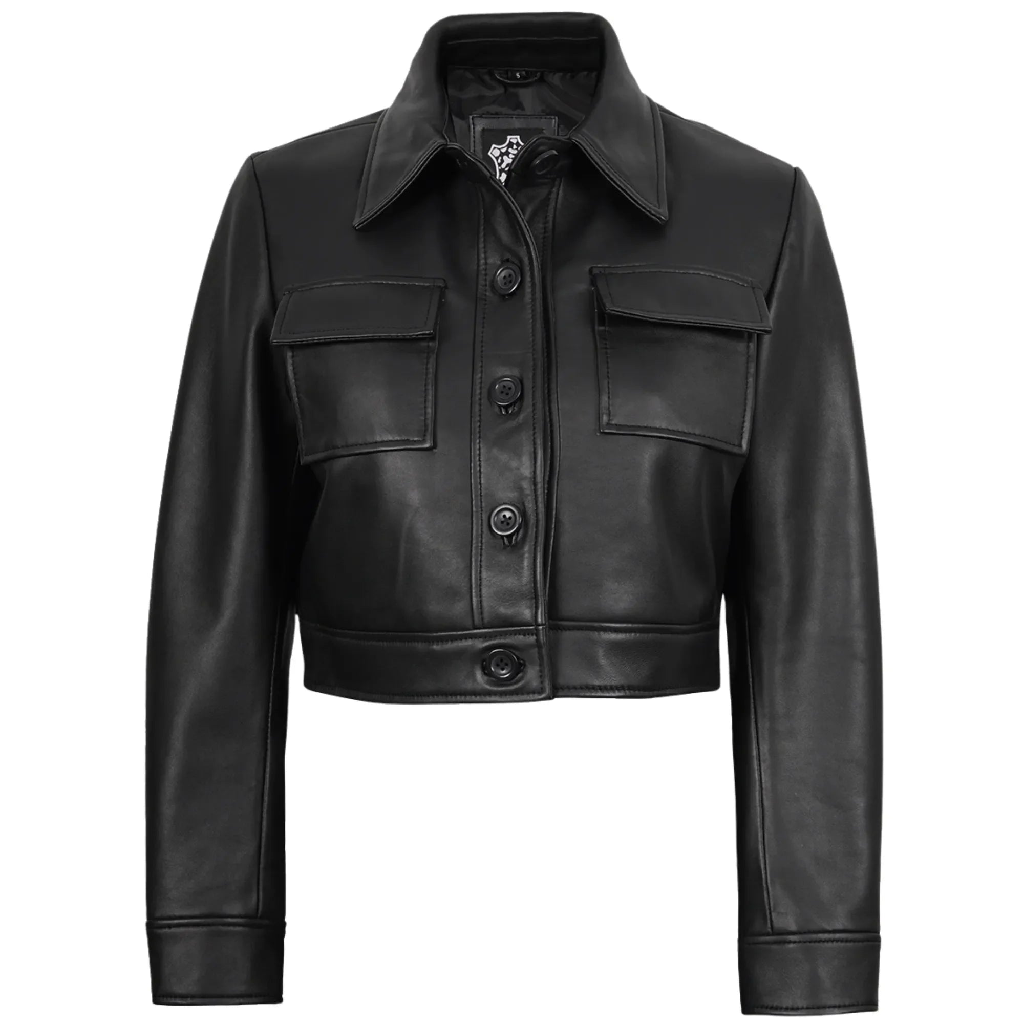 Sowachi Women's Leather Black Cropped Trucker Jacket