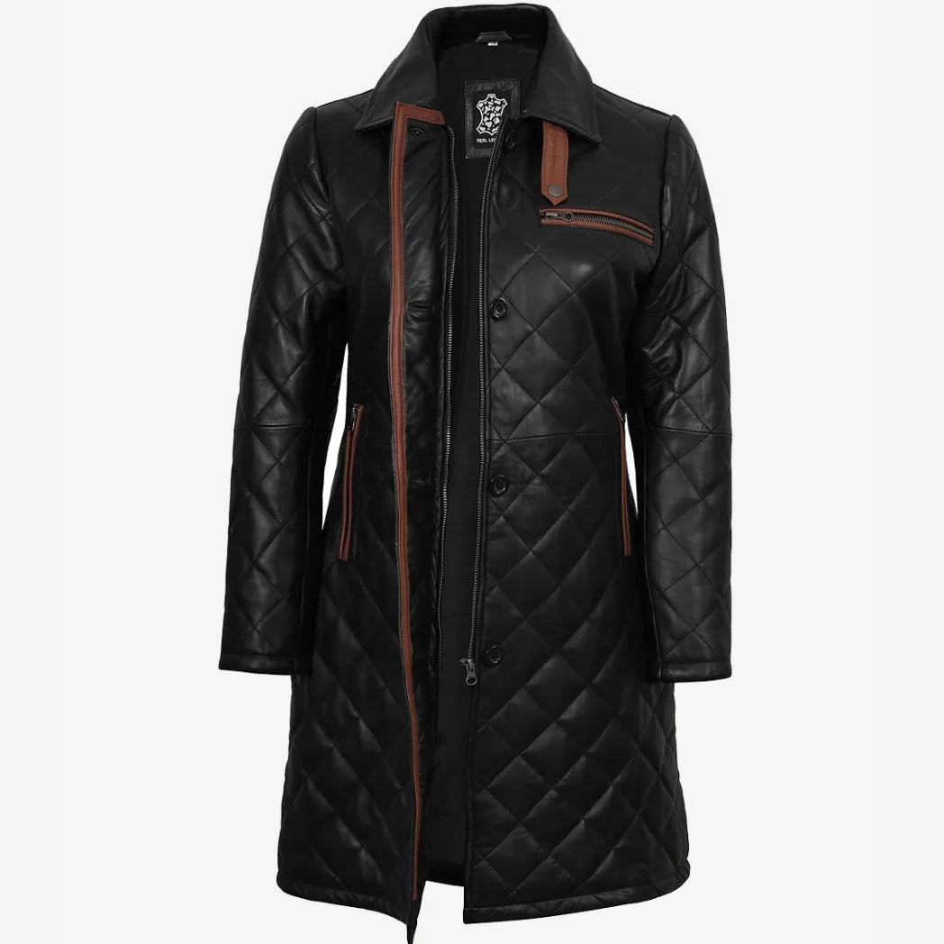 Sowachi Women's Leather Black Quilted Car Coat with Brown Detailing