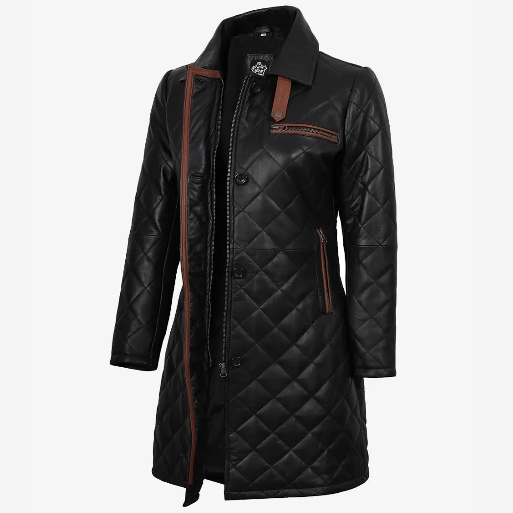 Sowachi Women's Leather Black Quilted Car Coat with Brown Detailing