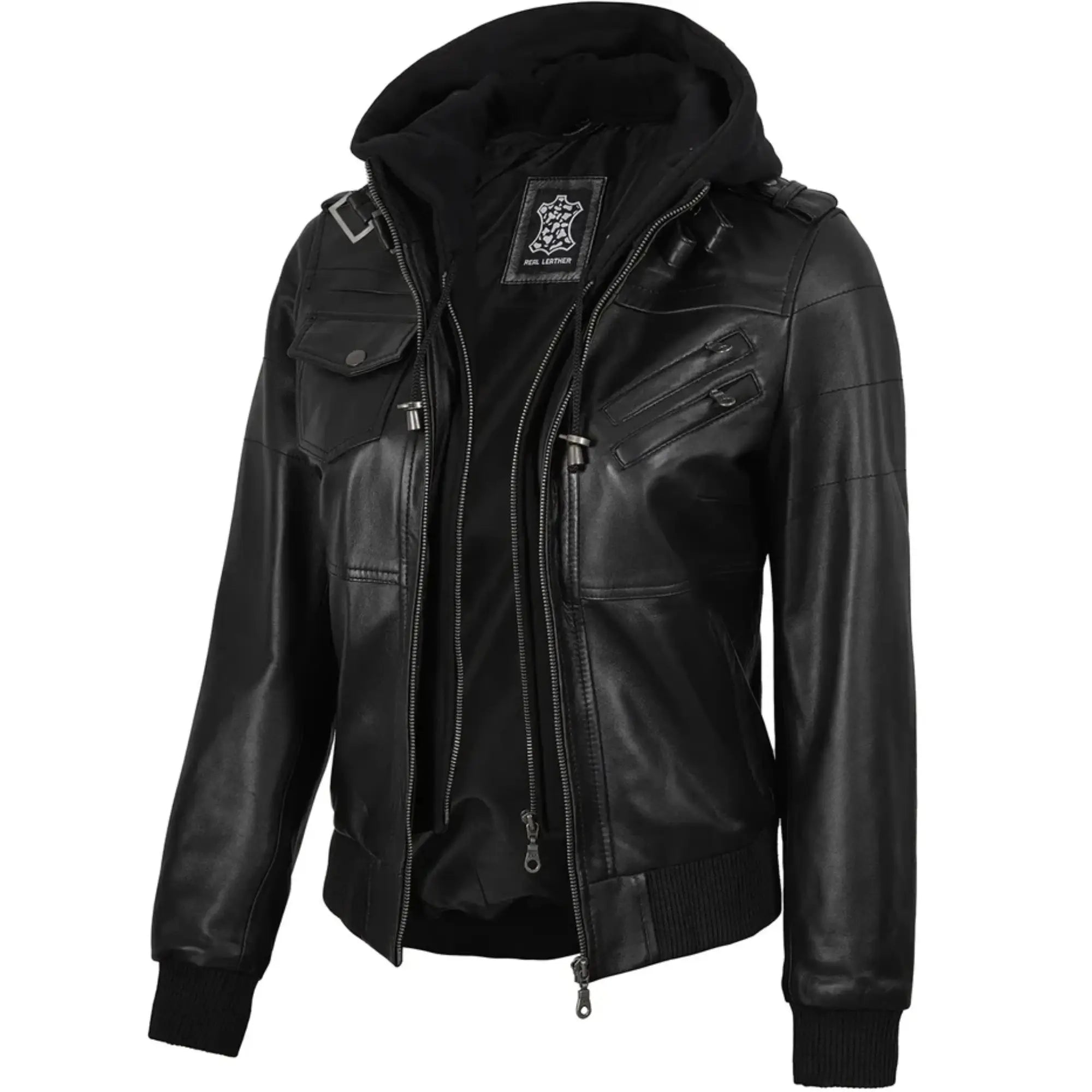 Sowachi Zelisse - Women's Black Leather Bomber Jacket with Removable Hood
