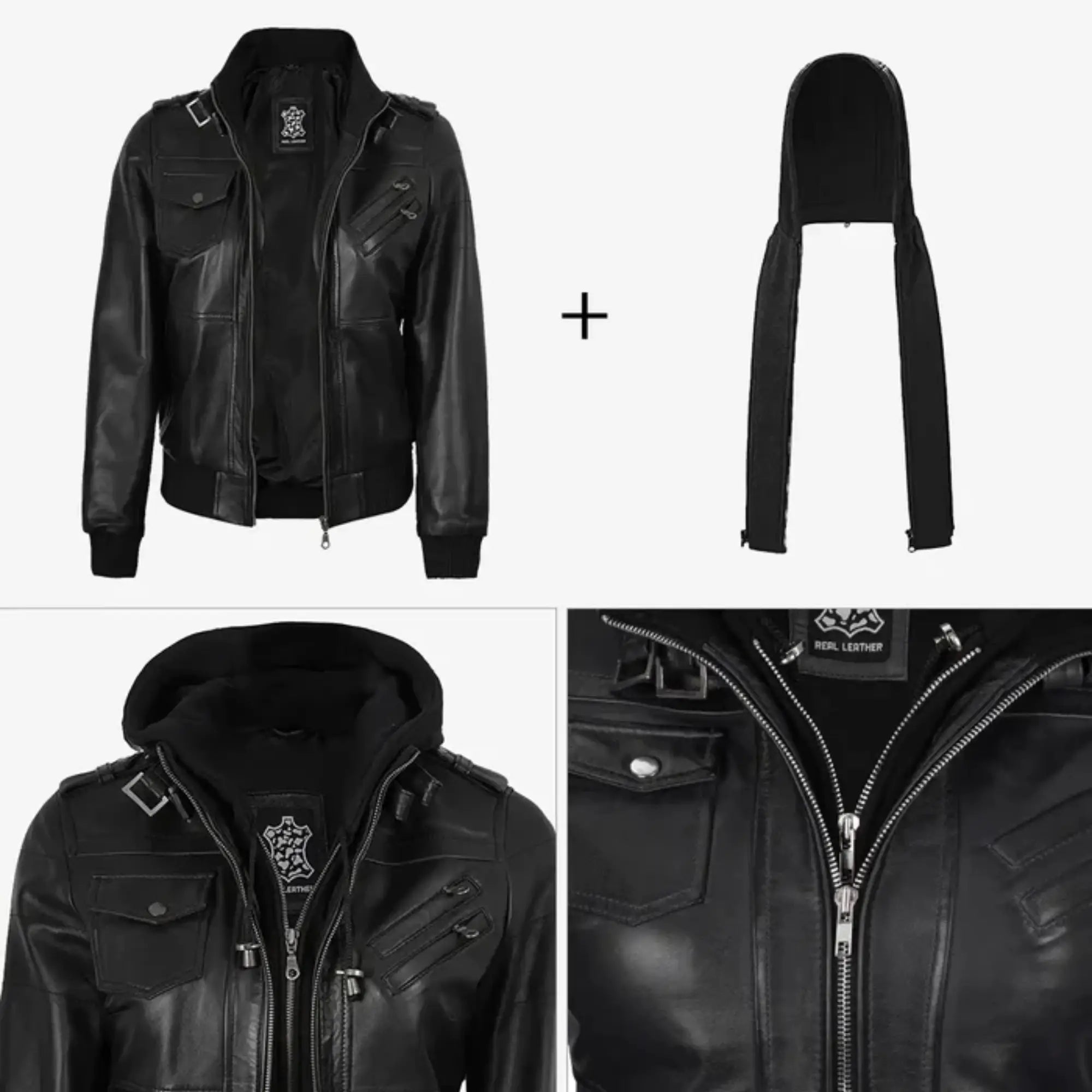Sowachi Zelisse - Women's Black Leather Bomber Jacket with Removable Hood