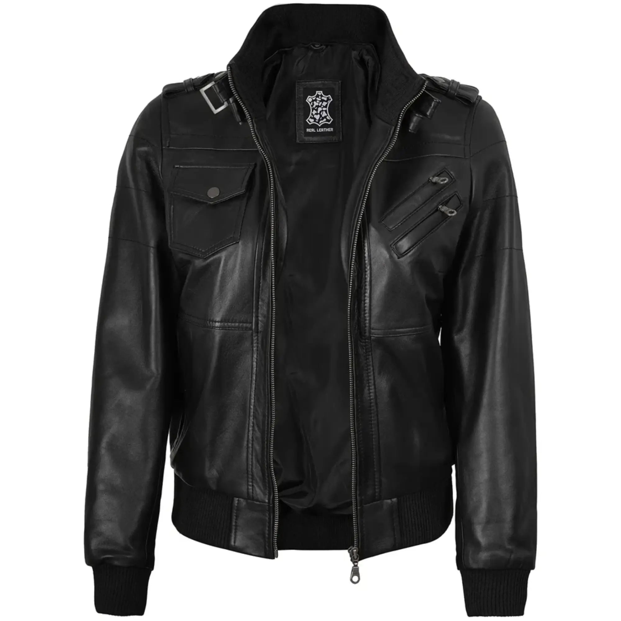 Sowachi Zelisse - Women's Black Leather Bomber Jacket with Removable Hood