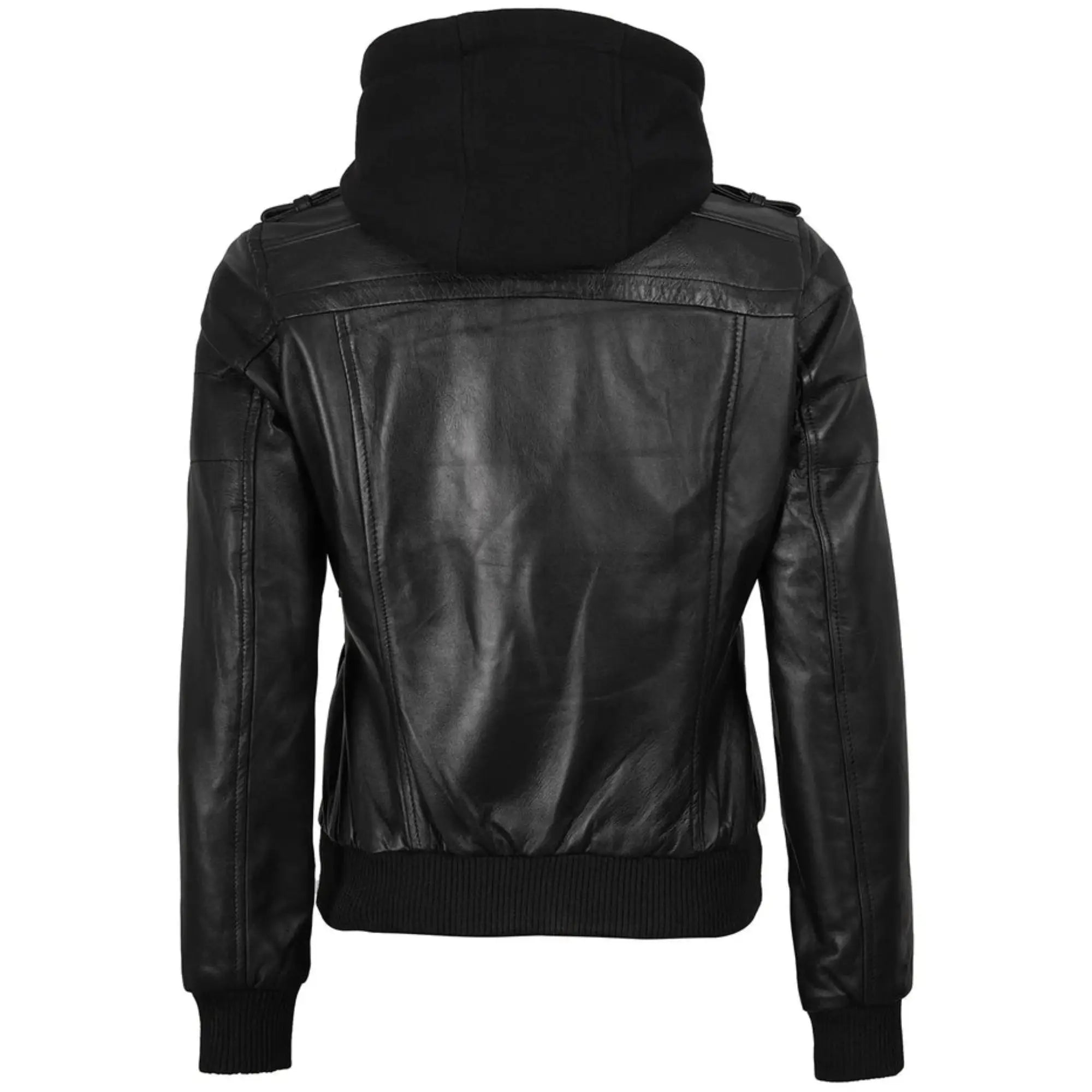 Sowachi Zelisse - Women's Black Leather Bomber Jacket with Removable Hood