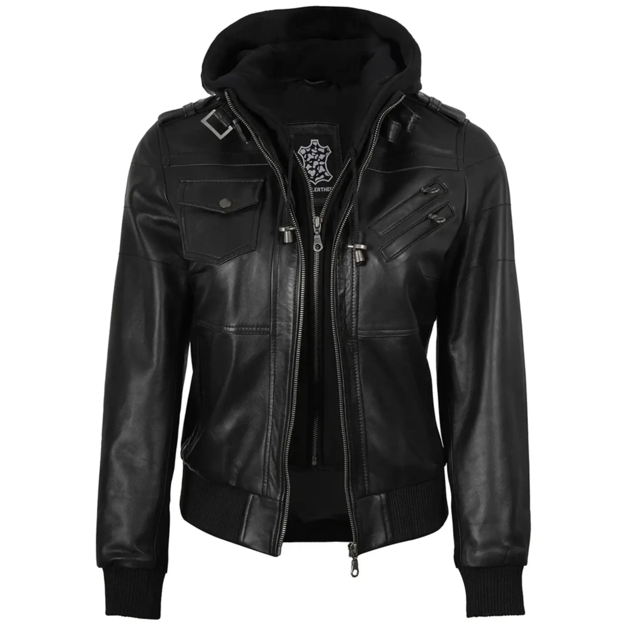 Sowachi Zelisse - Women's Black Leather Bomber Jacket with Removable Hood