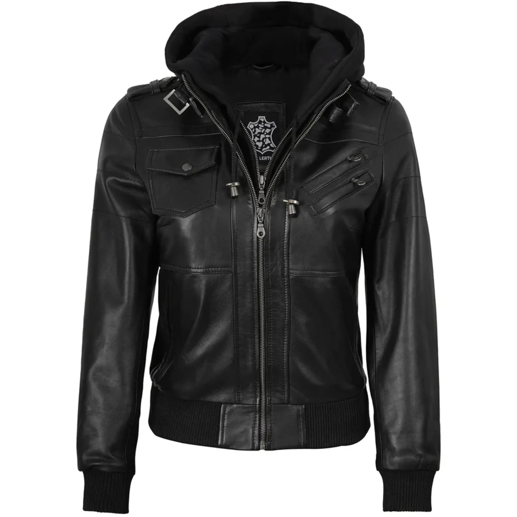 Sowachi Zelisse - Women's Black Leather Bomber Jacket with Removable Hood