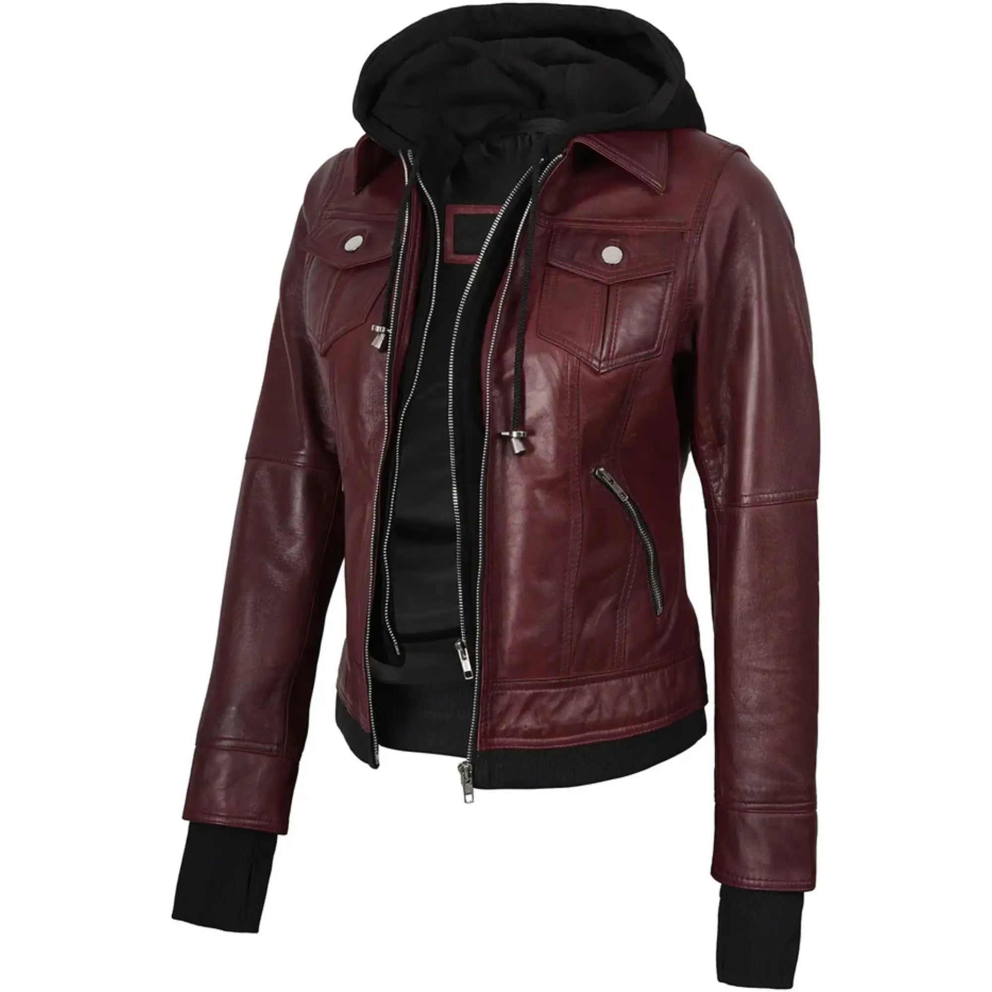 Sowachi Marivelle - Women's Maroon Leather Bomber Jacket with Removable Hood