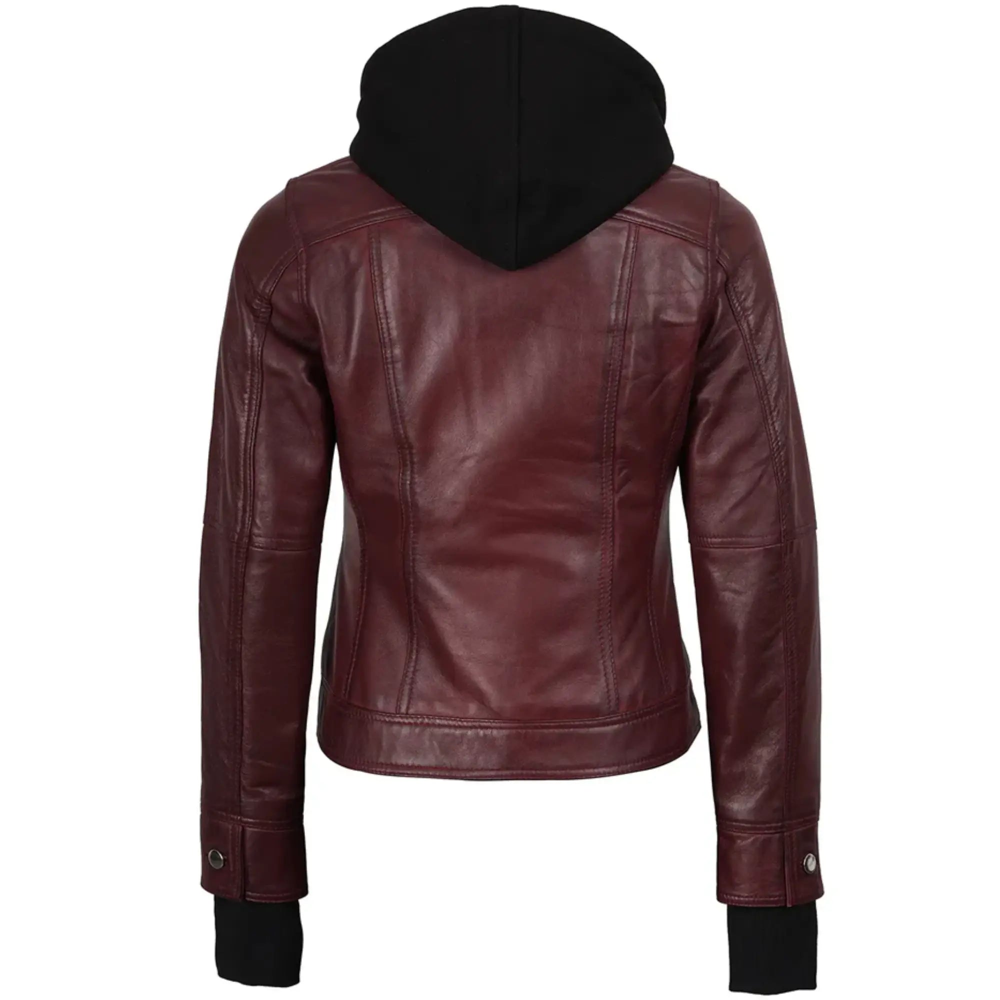 Sowachi Marivelle - Women's Maroon Leather Bomber Jacket with Removable Hood