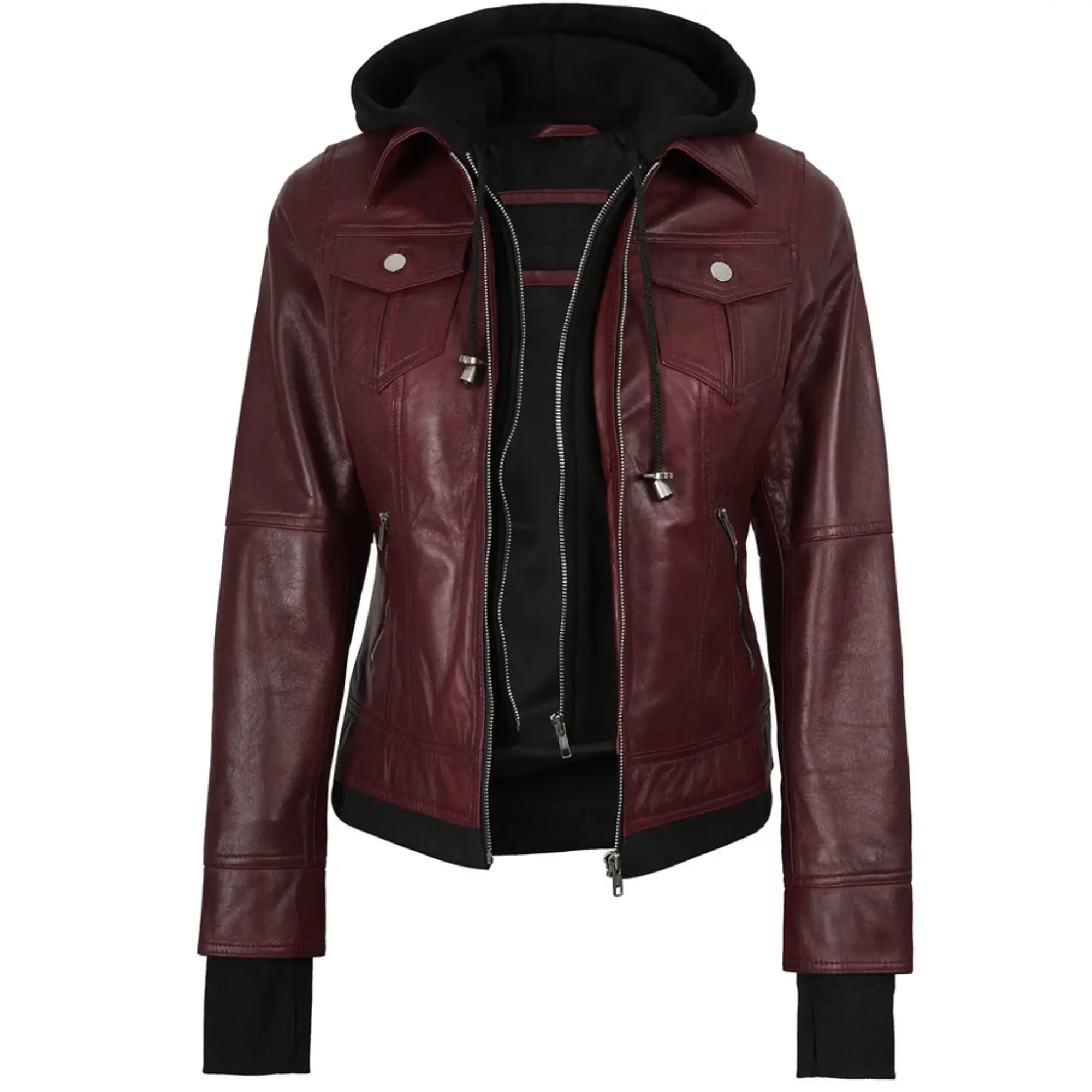 Sowachi Marivelle - Women's Maroon Leather Bomber Jacket with Removable Hood