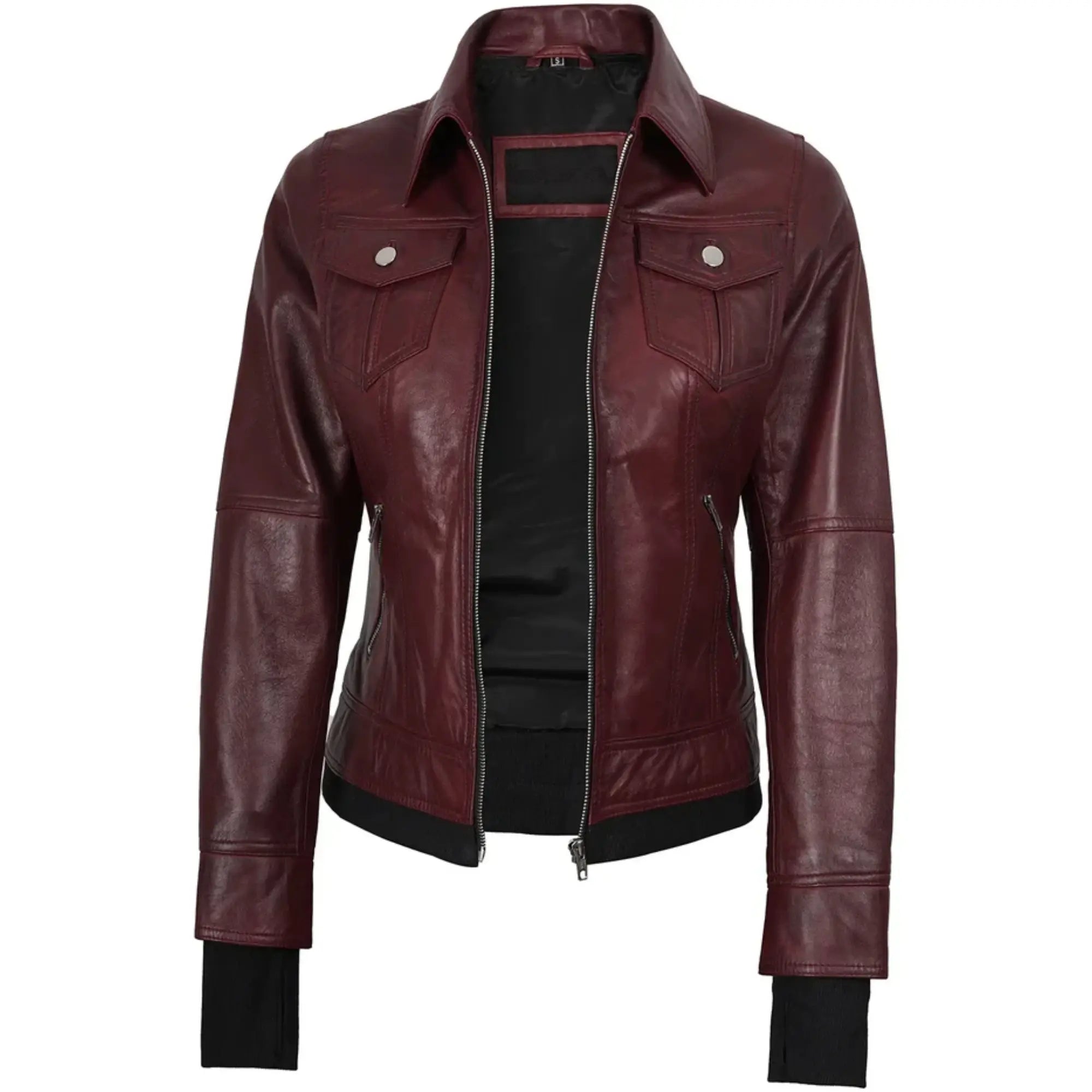 Sowachi Marivelle - Women's Maroon Leather Bomber Jacket with Removable Hood