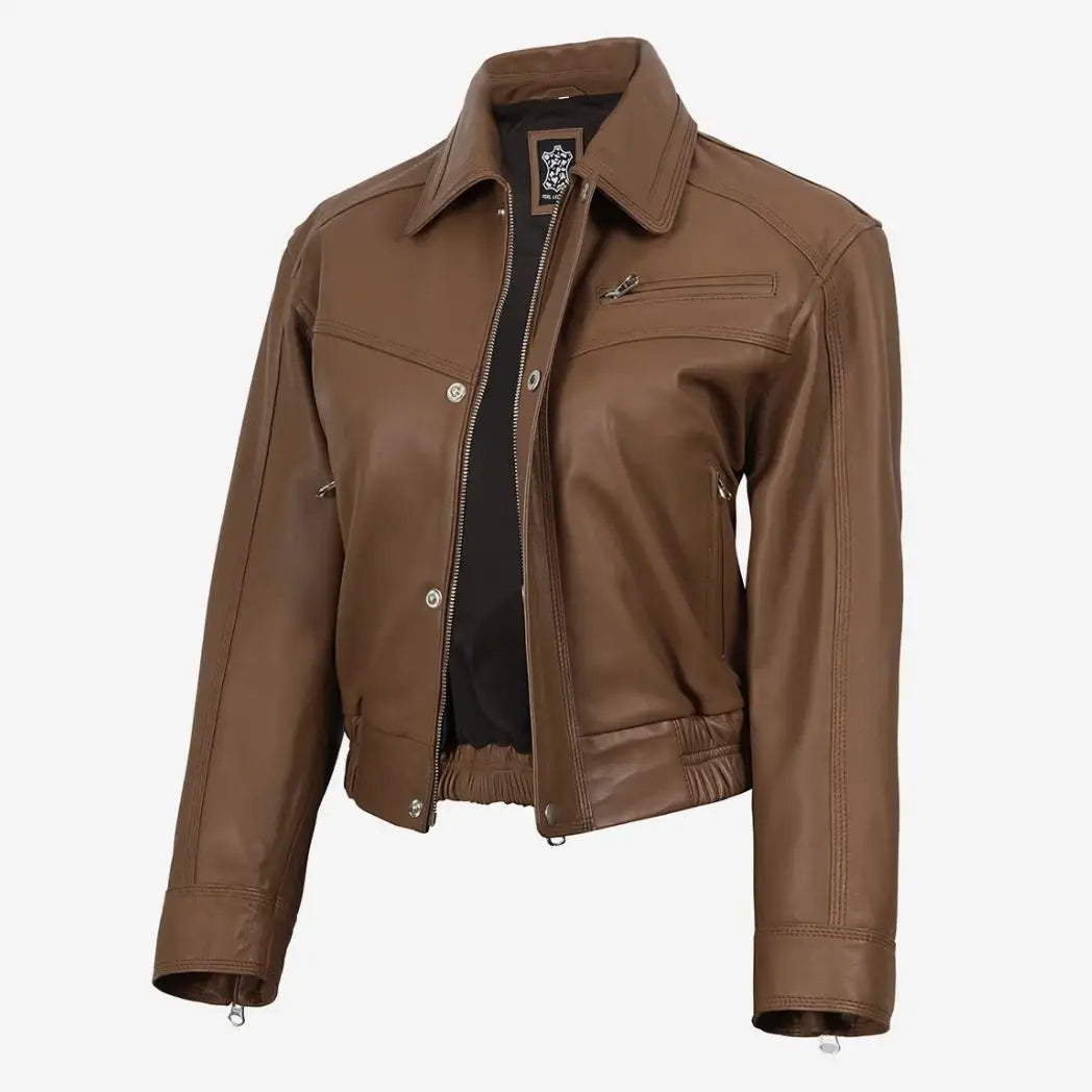 Sowachi Women's Light Brown Real Lambskin Leather Bomber Jacket