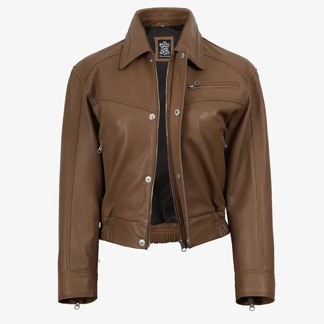 Sowachi Women's Light Brown Real Lambskin Leather Bomber Jacket