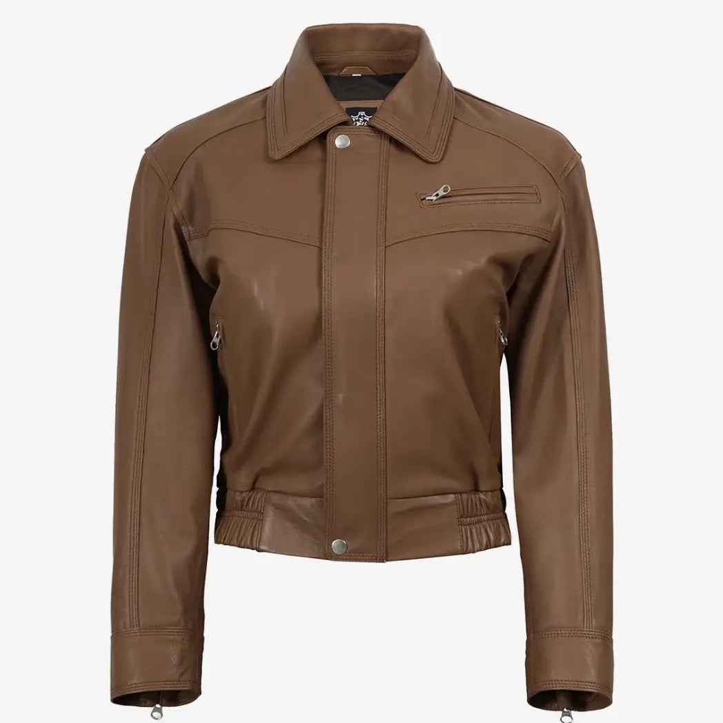 Sowachi Women's Light Brown Real Lambskin Leather Bomber Jacket