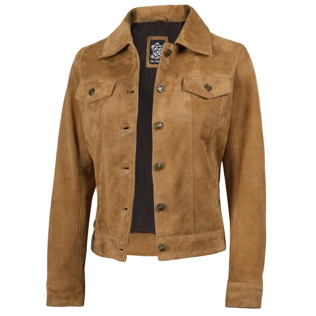 Sowachi Women's Light Brown Suede Leather Trucker Jacket