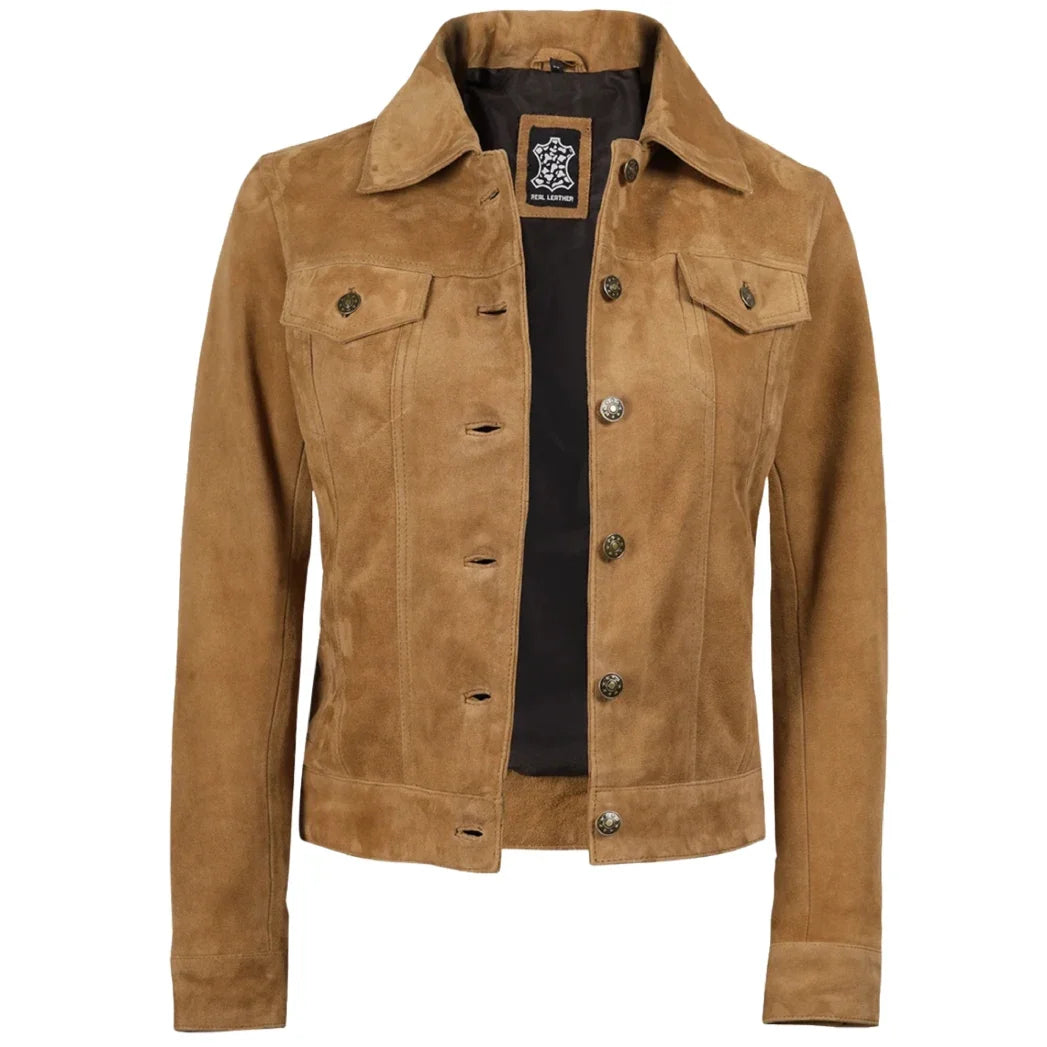 Sowachi Women's Light Brown Suede Leather Trucker Jacket