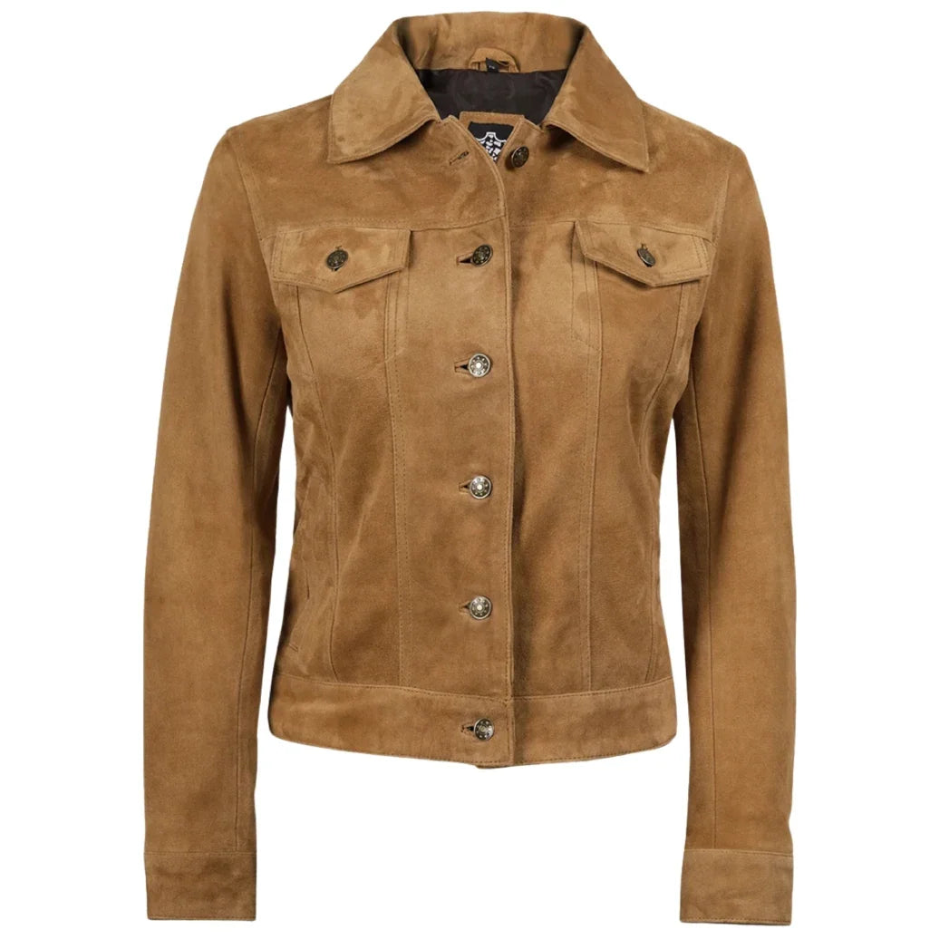 Sowachi Women's Light Brown Suede Leather Trucker Jacket