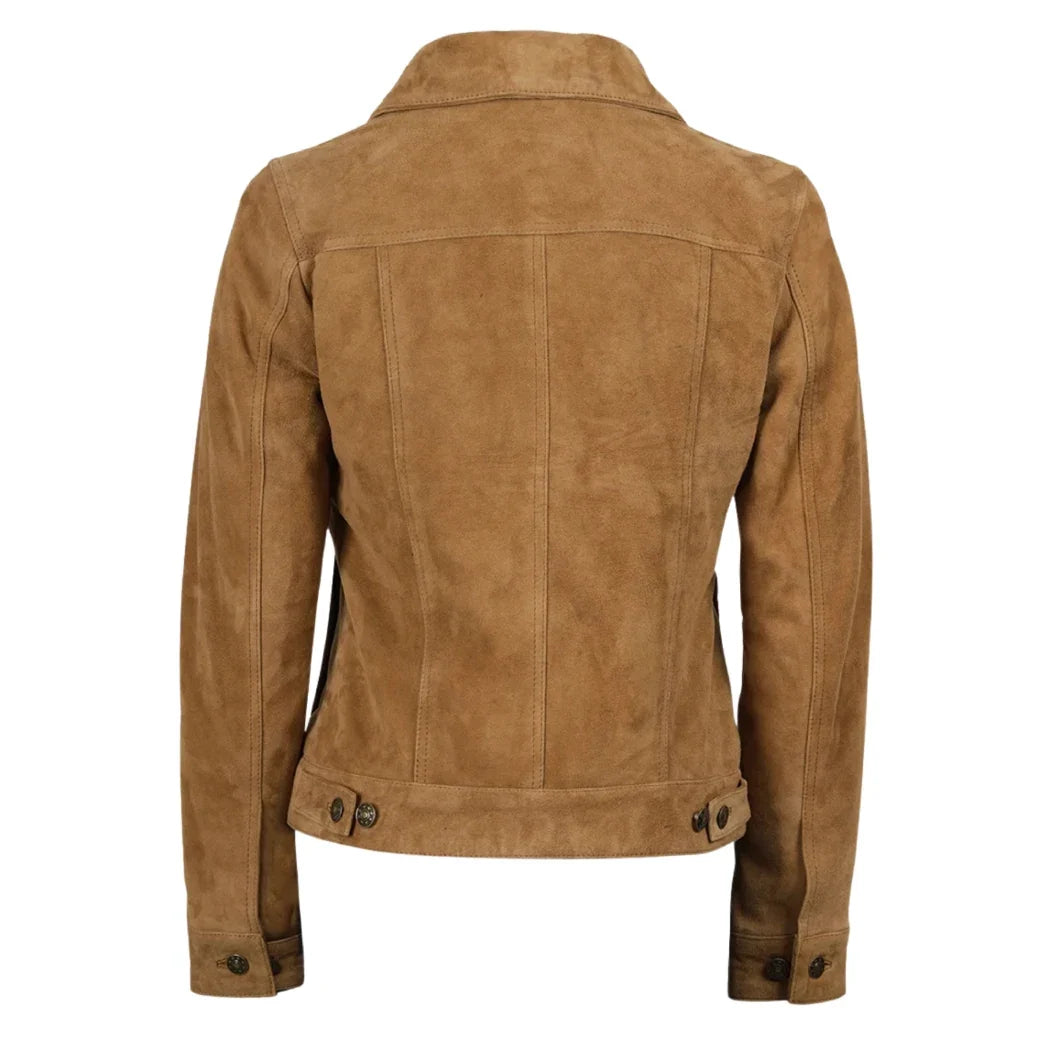 Sowachi Women's Light Brown Suede Leather Trucker Jacket