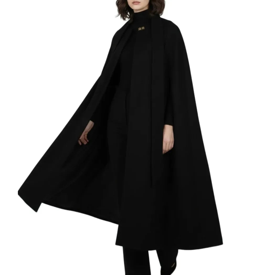 Sowachi Women's Long Black Wool Cape Coat