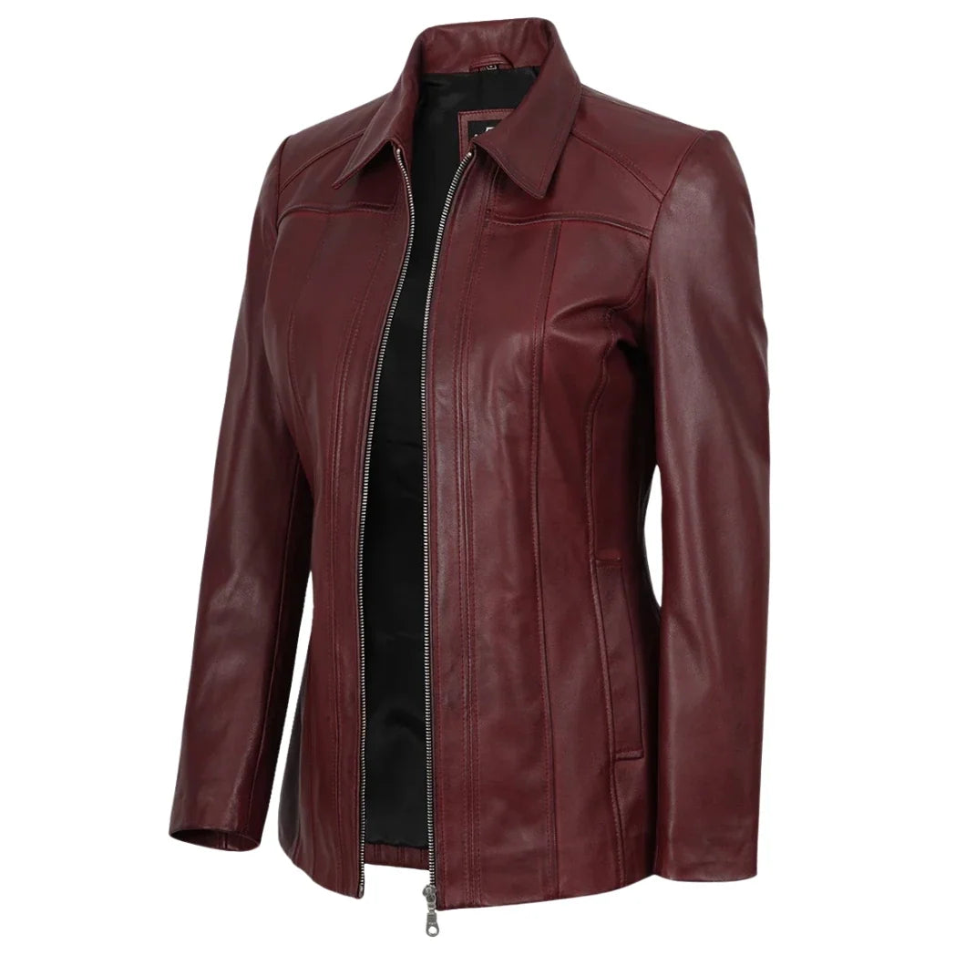Sowachi Women's Maroon Sheepskin Leather Car Coat
