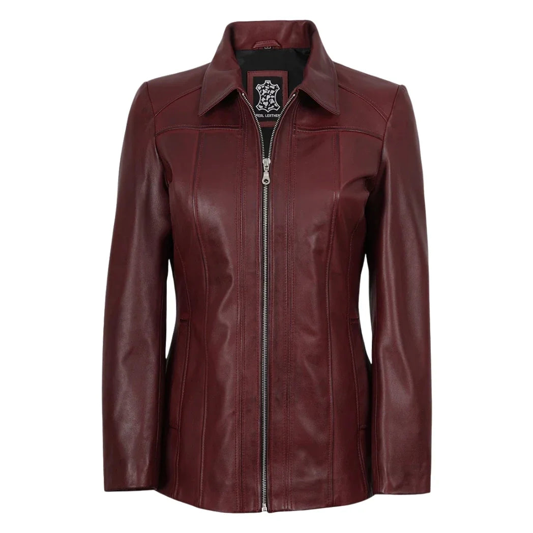 Sowachi Women's Maroon Sheepskin Leather Car Coat