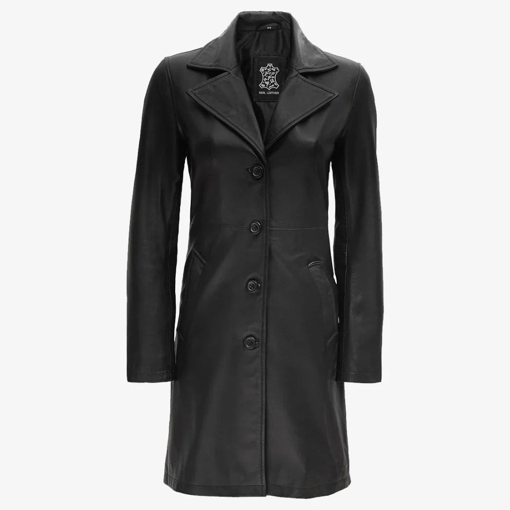 Sowachi Women's Petite Black Notch Lapel Lambskin Leather Coat