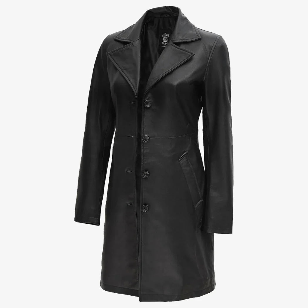 Sowachi Women's Petite Black Notch Lapel Lambskin Leather Coat