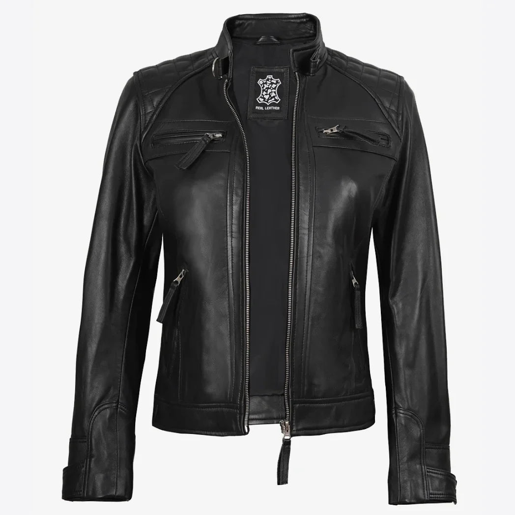Sowachi Women's Petite Black Quilted Biker Style Leather Jacket