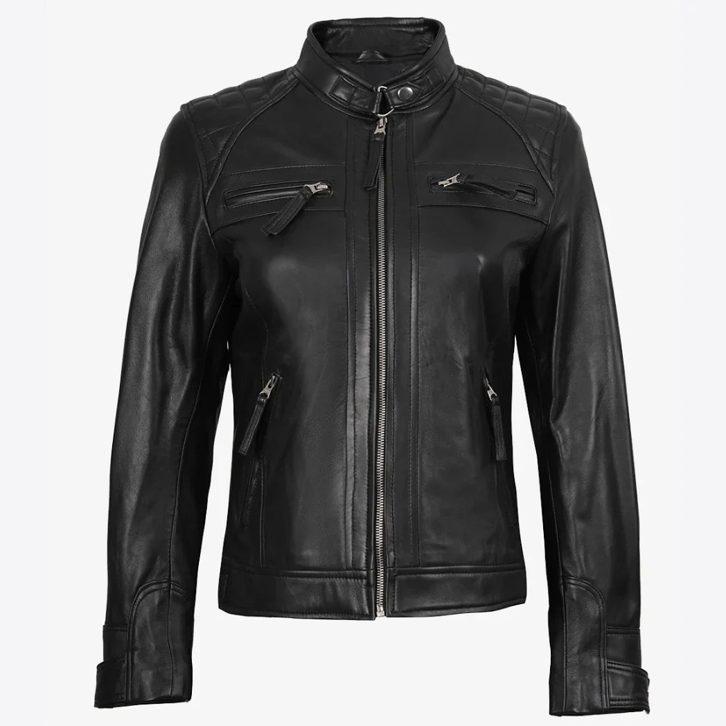 Sowachi Women's Petite Black Quilted Biker Style Leather Jacket