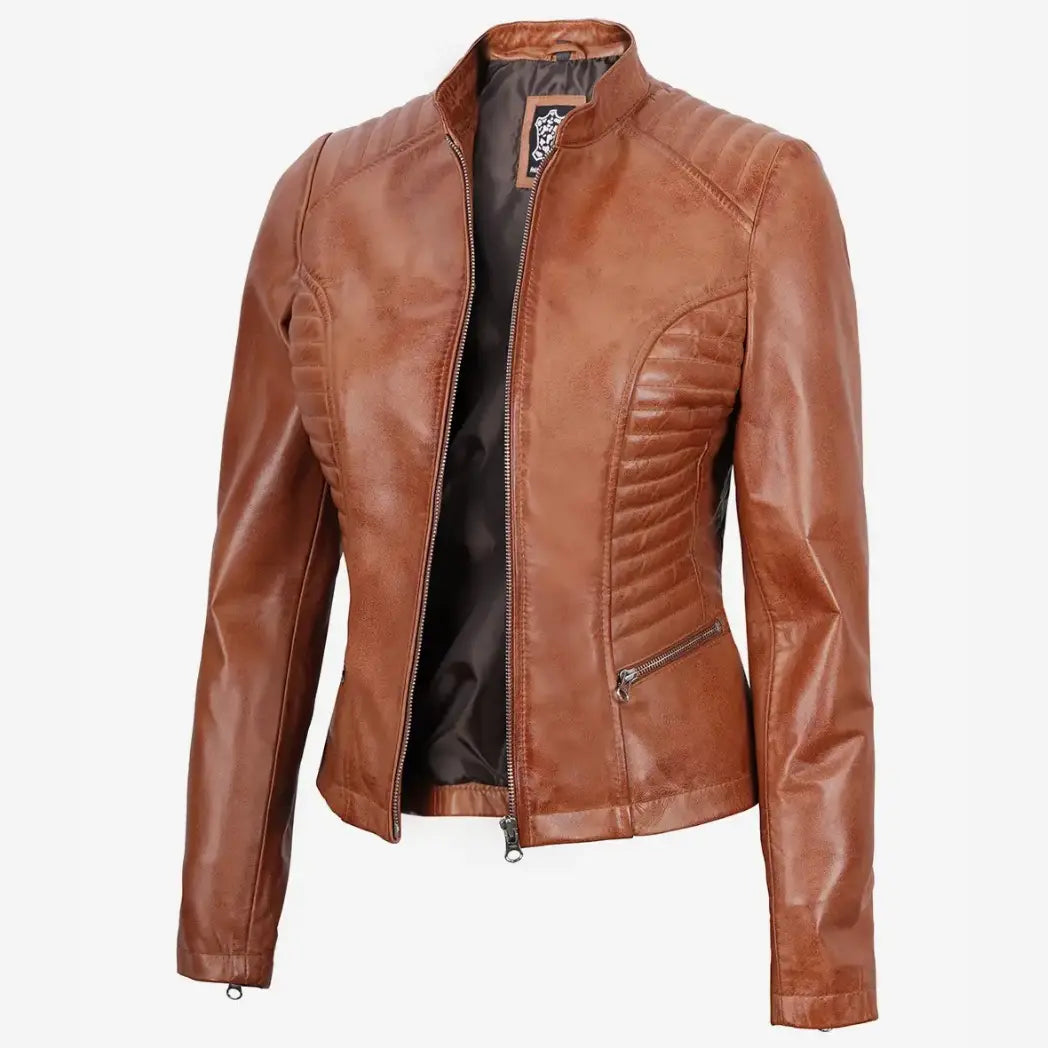 Sowachi Women's Petite Tan Biker Style Leather Jacket