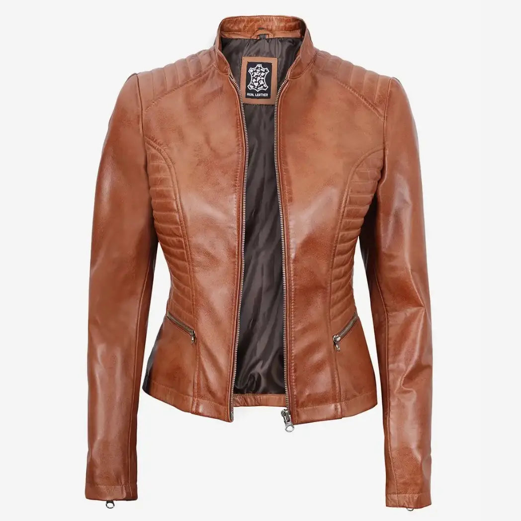 Sowachi Women's Petite Tan Biker Style Leather Jacket