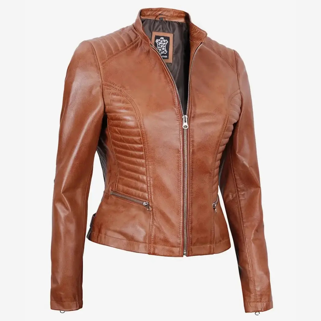 Sowachi Women's Petite Tan Biker Style Leather Jacket