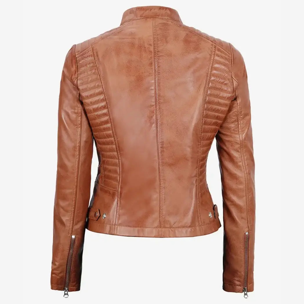 Sowachi Women's Petite Tan Biker Style Leather Jacket